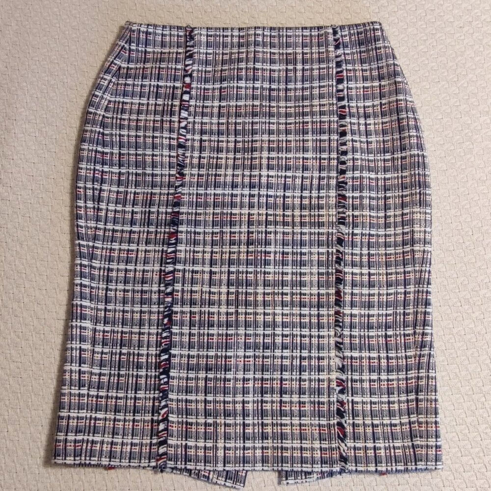J. Crew Pencil Skirt in blue white red plaid Size 2